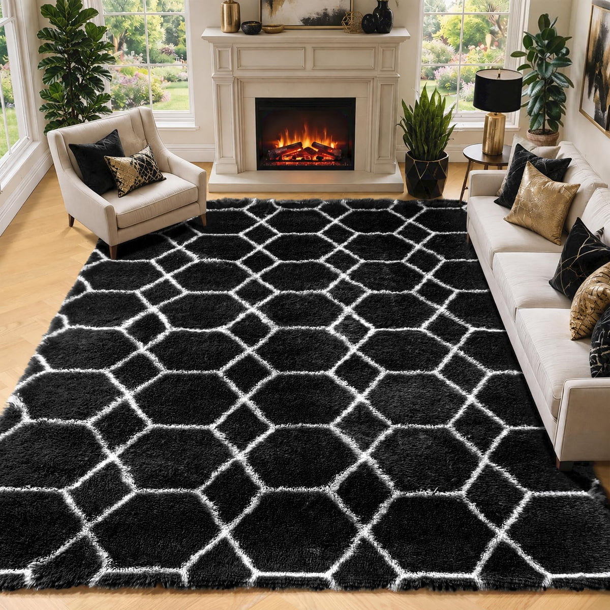 Area Rugs for Bedroom Living Room, 4x6 Fluffy Grey and Black Geometric Rug
