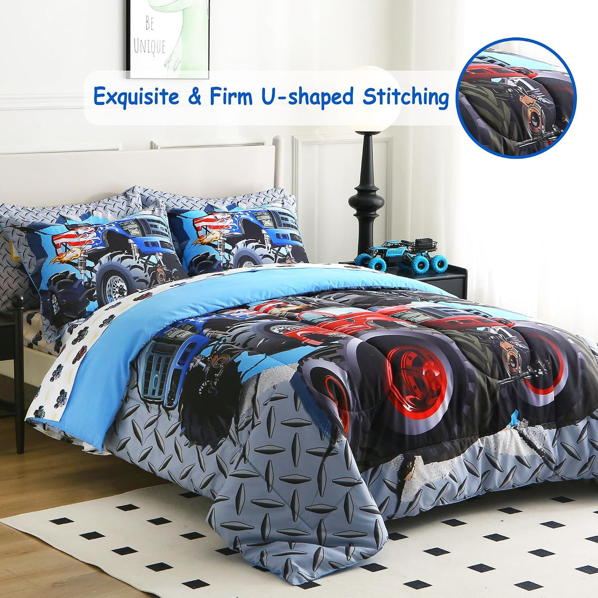 lasoftan Kids' Monster Truck Bedding Set, 7-Piece Soft Fluffy Bed-in-a-Bag with Comforter, Fitted Sheet, Flat Sheet, Pillowcase, Pillow Sham, Deep Pocket 15", All-Season, Monster Jam, Full