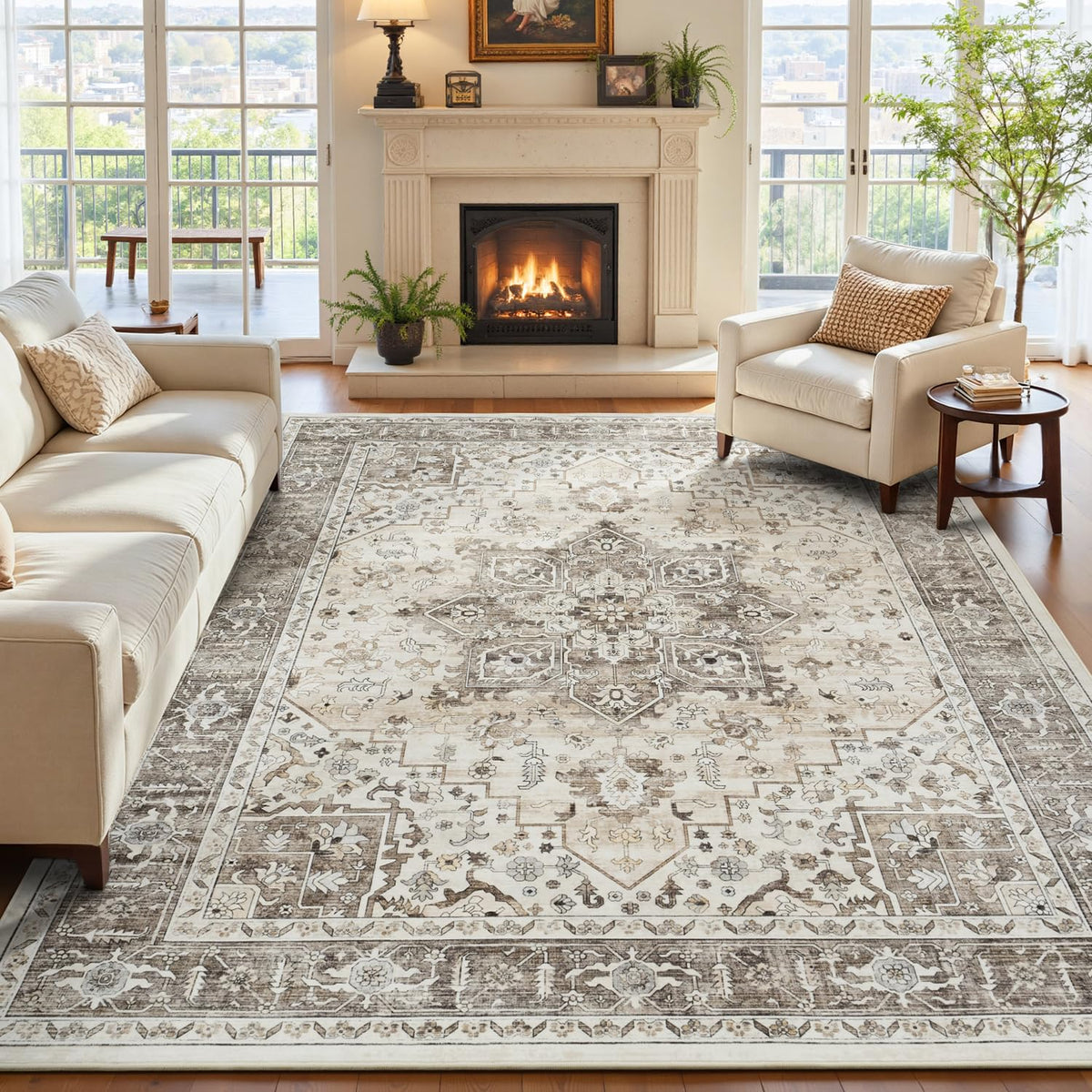 Sage Green 8x10 Area Rug for Living Room, Vintage Boho Large Carpet