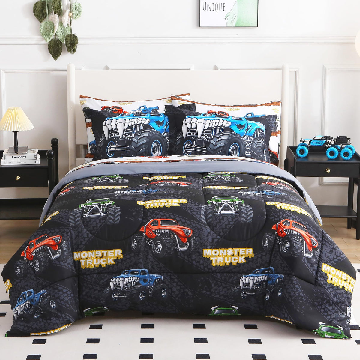 lasoftan Kids' Monster Truck Bedding Set, 7-Piece Soft Fluffy Bed-in-a-Bag with Comforter, Fitted Sheet, Flat Sheet, Pillowcase, Pillow Sham, Deep Pocket 15", All-Season, Monster Jam, Full