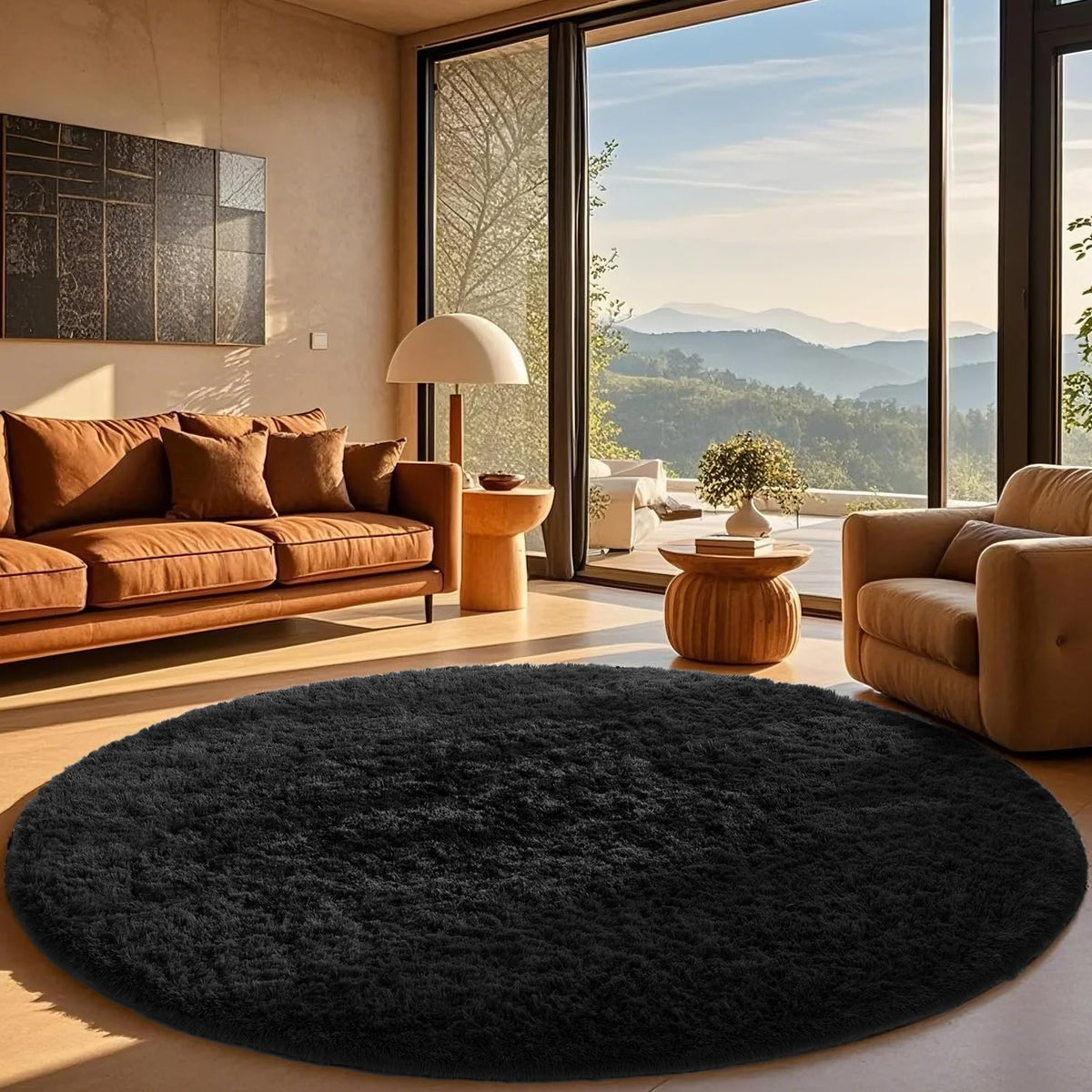 Ophanie Round Rugs 5Ft Ivory Circle Area Rug,Baby Nursery Living Room Bedroom Decor Circular Carpet 5 Foot,Fluffy Fuzzy Shag Plush Cream for Kids Boys Girls Teen with Over 99 pcs Pile fibers