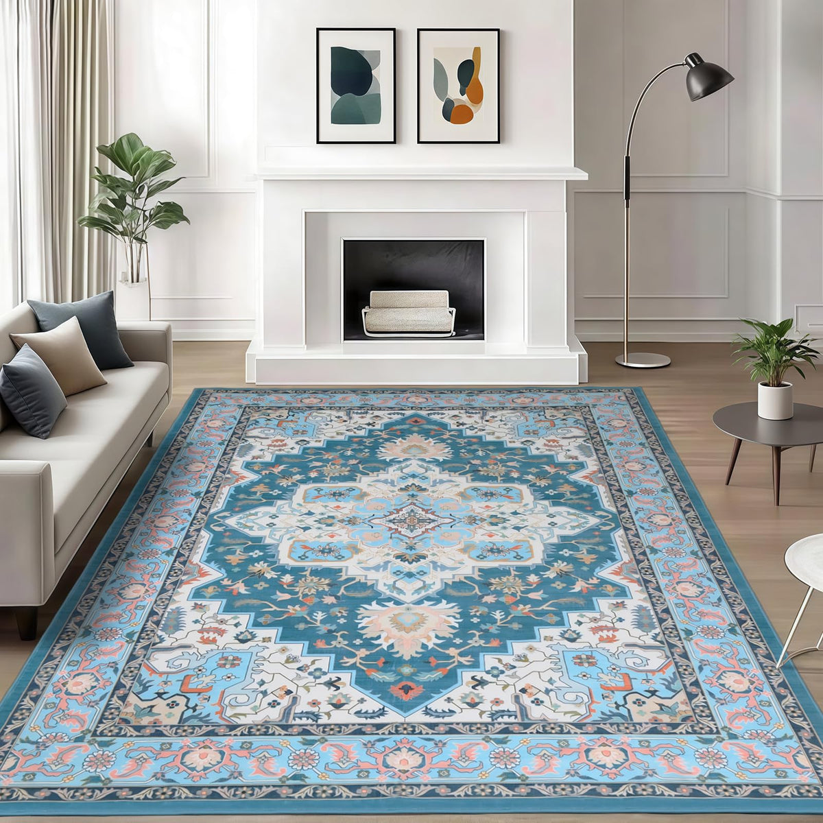 WILLSUN Washable Area Rugs, 5x7 Non-Slip Boho Large Area Rugs for Living Room, Bedroom, Machine Washable Vintage Rug, Indoor Floral Print Carpet for Home Decor, Kid & Pet Friendly Mat