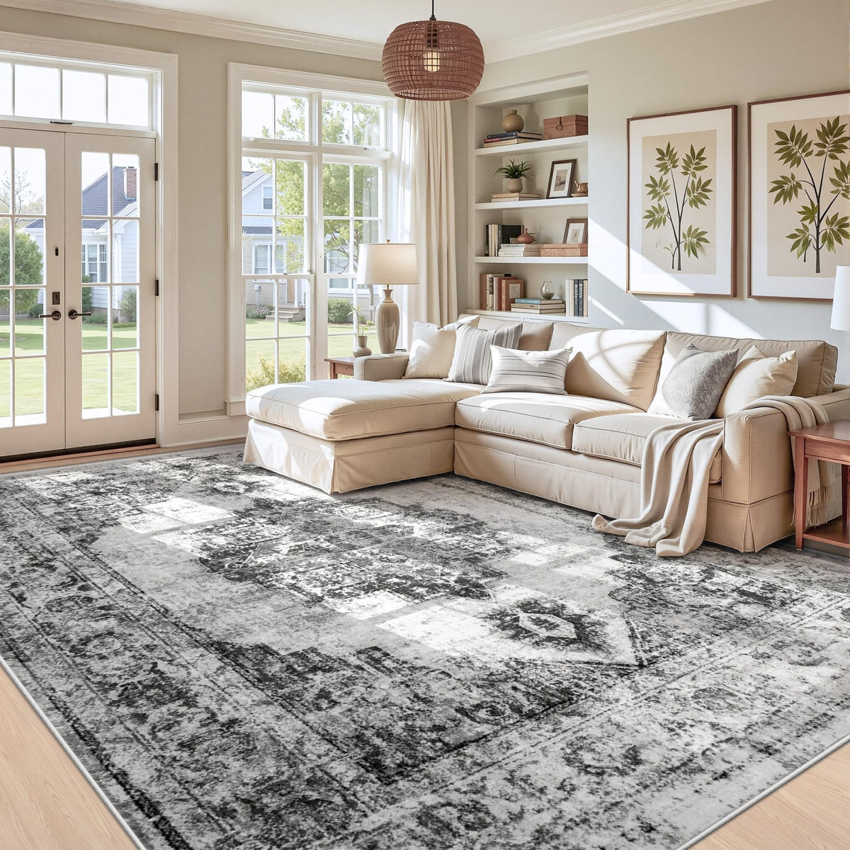 Area Rug 5x7 Vintage Rug: Washable Indoor Medallion Rugs Low Pile Distressed Floor Carpet Retro Accent Rug for Living Room Bedroom Kitchen Dining Table Home Office(Beige, 5'x7')