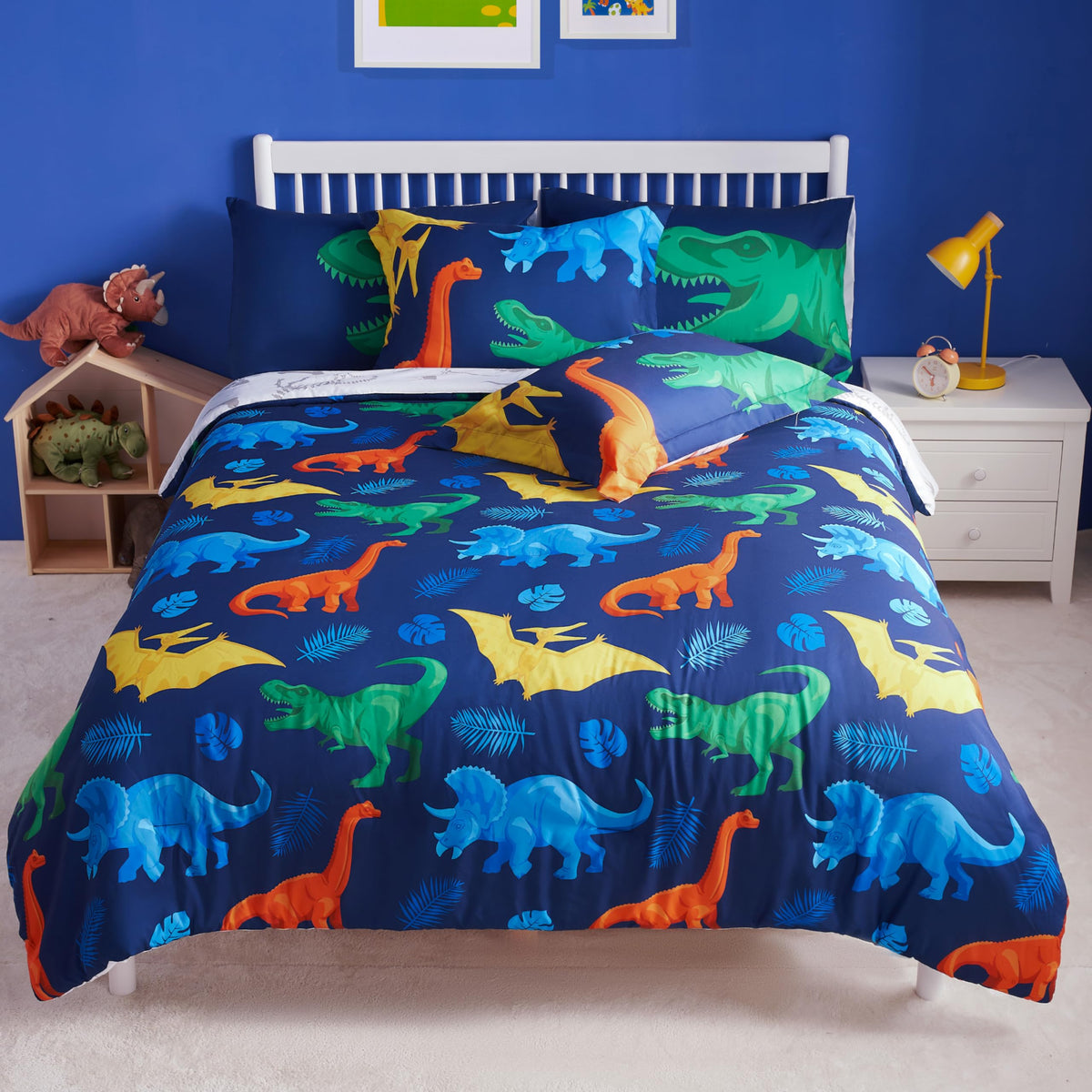 Joiedomi Kids Comforter Set Bedding Set for Boys Girls Super Soft Microfiber Bed in a Bag with Comforter Sheets Pillowcase Sham, Dark Blue Dinosaur, Twin