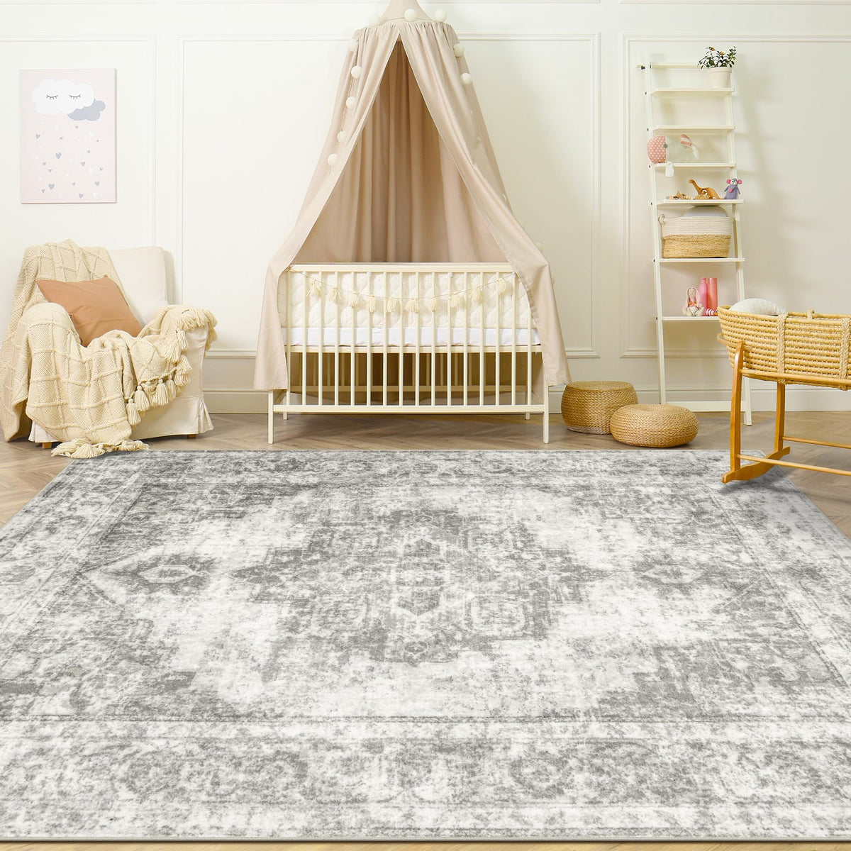 Area Rug 5x7 Vintage Rug: Washable Indoor Medallion Rugs Low Pile Distressed Floor Carpet Retro Accent Rug for Living Room Bedroom Kitchen Dining Table Home Office(Beige, 5'x7')