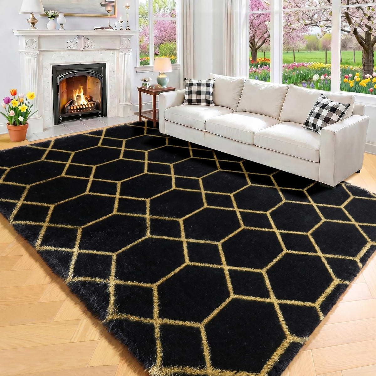 Area Rugs for Bedroom Living Room, 4x6 Fluffy Grey and Black Geometric Rug