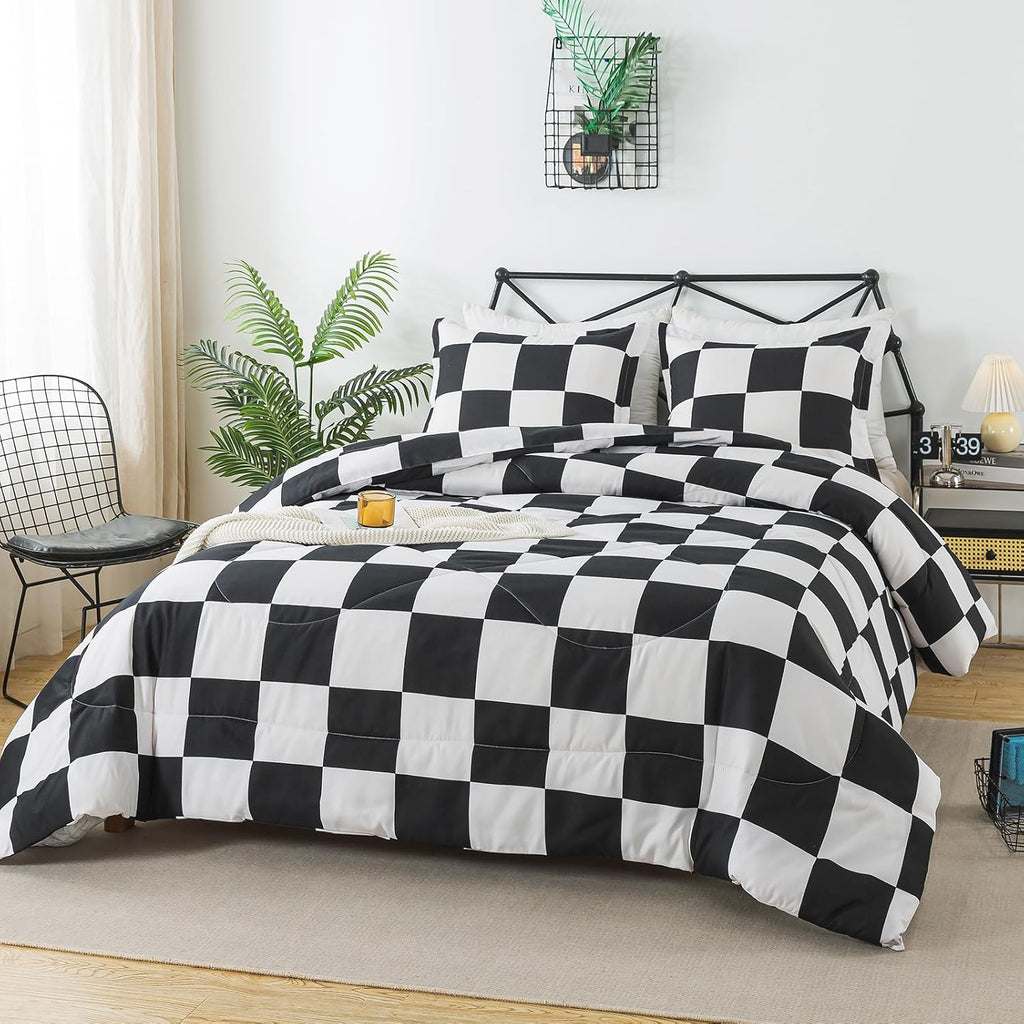 Caressma Black White Checkered Comforter Set, Twin Size Boys Bedding Set