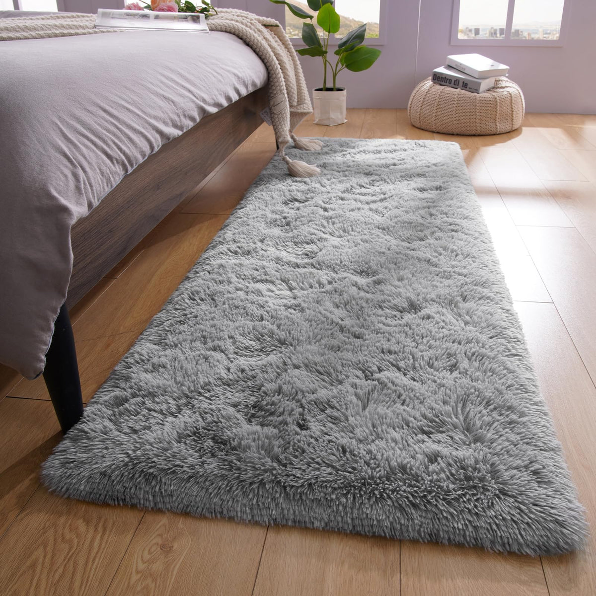 YJ.GWL Shag Runner Rug Non Slip for Bedroom Living Room Soft Small Rugs for Dorm, 2x6 Feet Grey Plush Carpet Runner for Nursery Dorm, Fuzzy Bedside Rug for Kids Boys Girls Room Home Decor