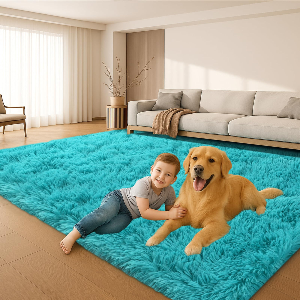 8x10 Cream Fluffy Shag Area Rug, Non-Slip Soft Carpet for Home