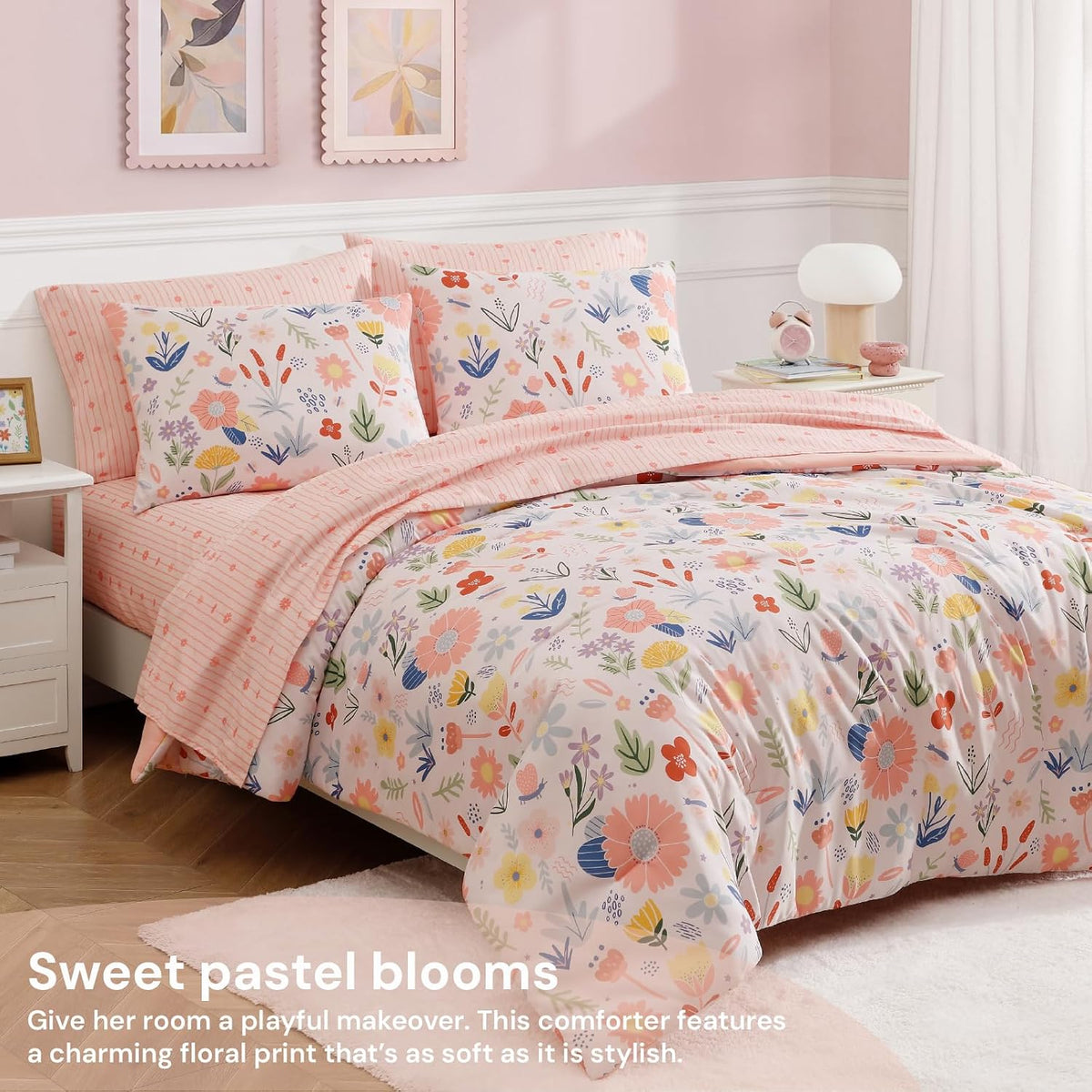 Twin XL Comforter Set for Girls - 5 Pieces Pink Floral Bed in a Bag
