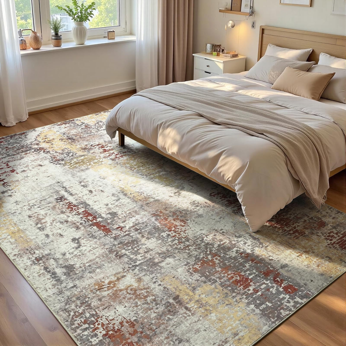 Living Room Rug 5x7 Gray Area Rug Machine Washable Boho Rug Non Slip Abstract Vintage Indoor Large Rugs for Bedroom, Classroom, College Dorm, Farmhouse, Dining Room, Kids Playroom