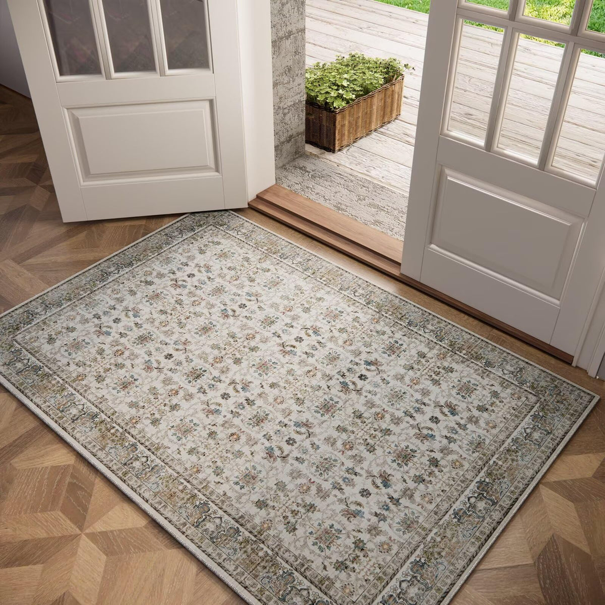 Washable 10x14 Area Rugs for Living Room, Ivory/Sage Gold