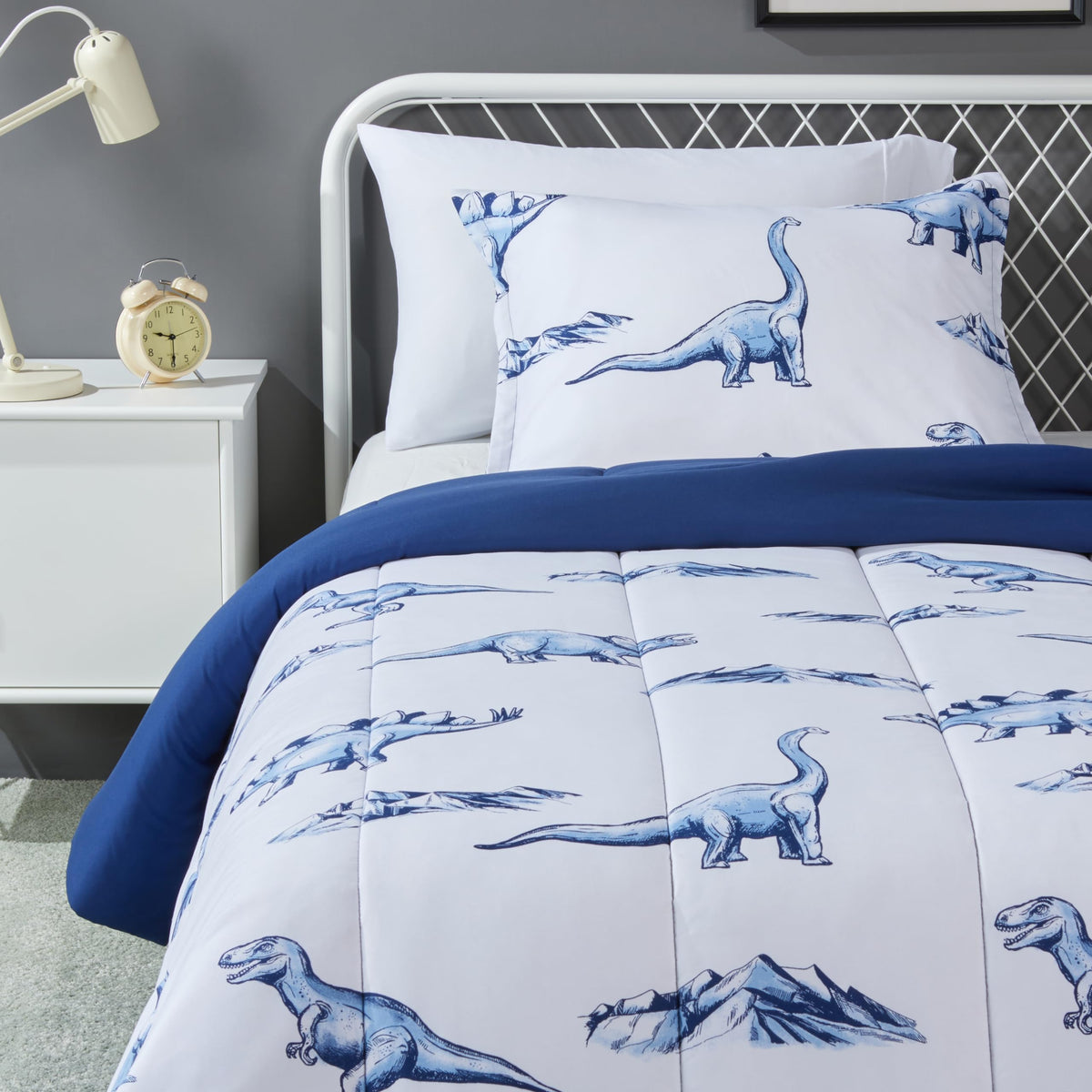 Amazon Basics 3-Piece Microfiber Kids' All Season Comforter and Pillow Sham Set, Full/Queen, Dinosaurs, Animal Print