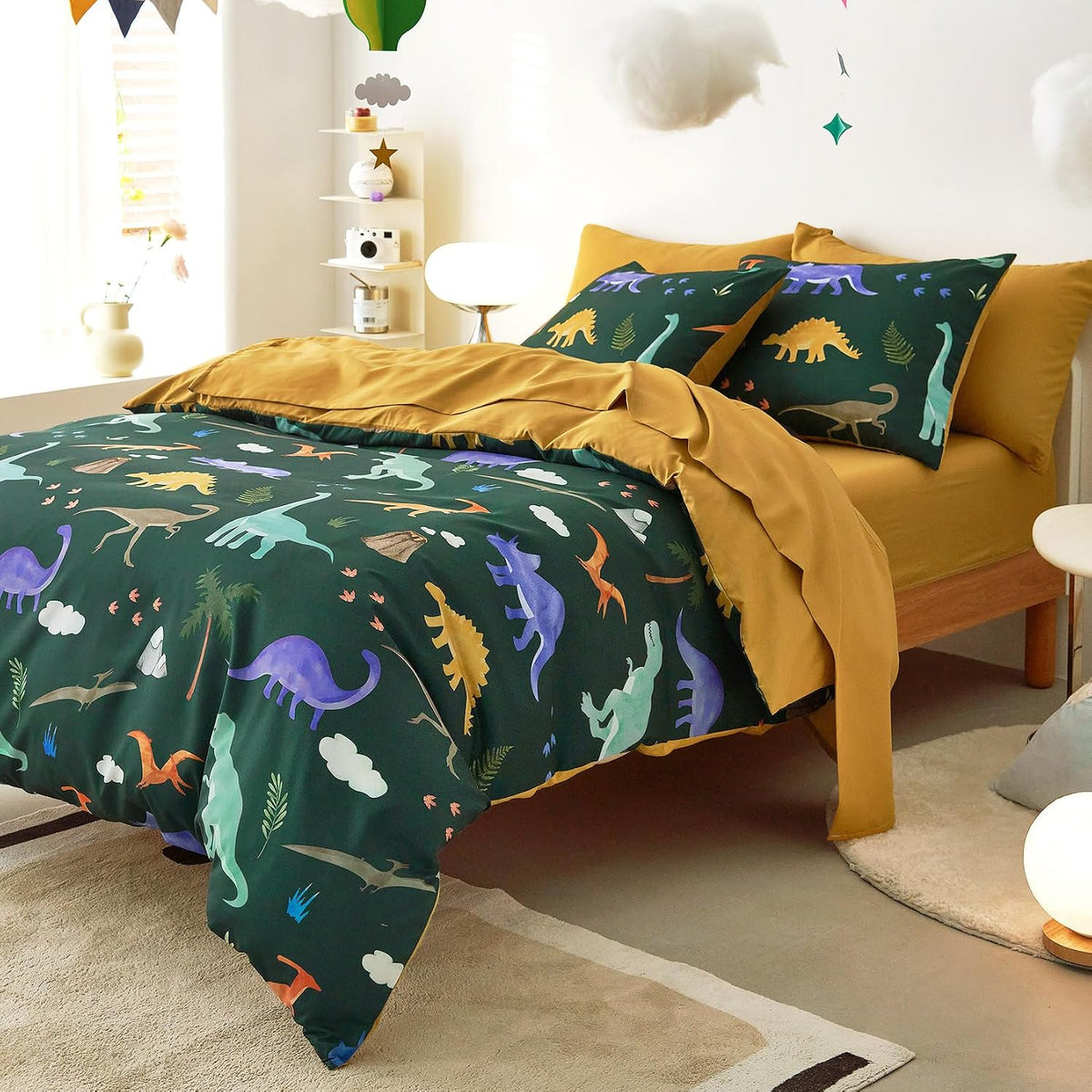 Wake In Cloud - Dinosaur Bedding Set for Boys, Cute Colorful Dinosaur Dino, Soft Lightweight Comforter Set with Sheets, 5 Pieces Kids Bed in a Bag, Dark Green, Twin Size