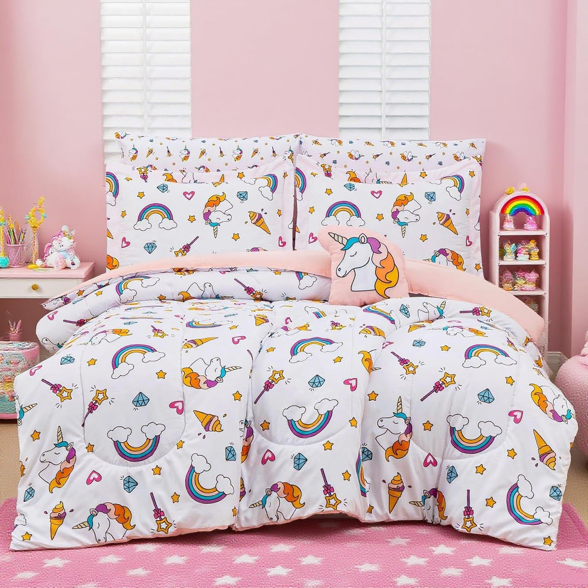 Mooreeke Kids Twin Comforter Sets for Girls 6 Pieces Pink Unicorn Bedding Set for Teens Soft Microfiber Kids Bed in A Bag with Comforter, Sheet Set, Shams and Decorative Toy Pillow All Season