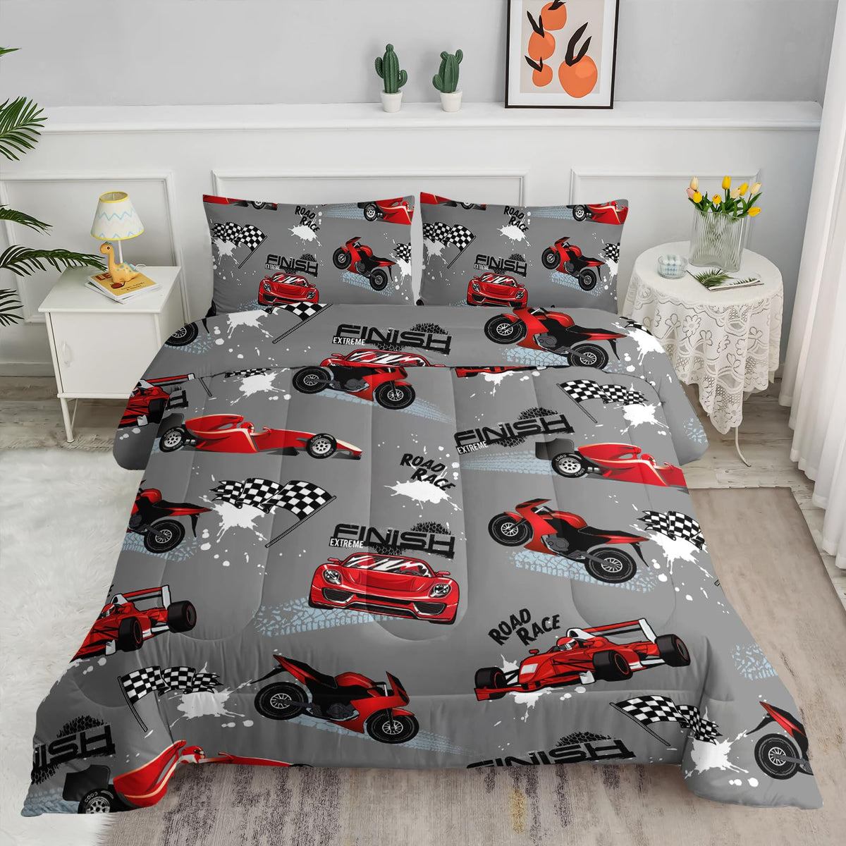 Axolotl Kid Comforter Set Twin Size,Racing Car Bedding Set for Boys Girls Teen Kids Children Racing Gifts,Race Cars Quilt Bed Set with 1 Comforter 2 Pillowcases,Red Grey