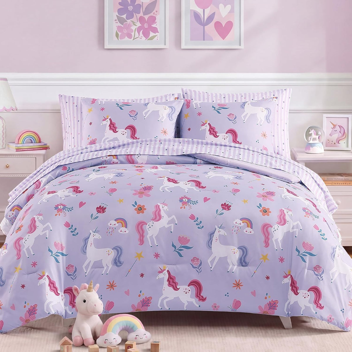 Twin Comforter Set for Girls - 5 Pieces Unicorn Bedding Twin Bed in a Bag