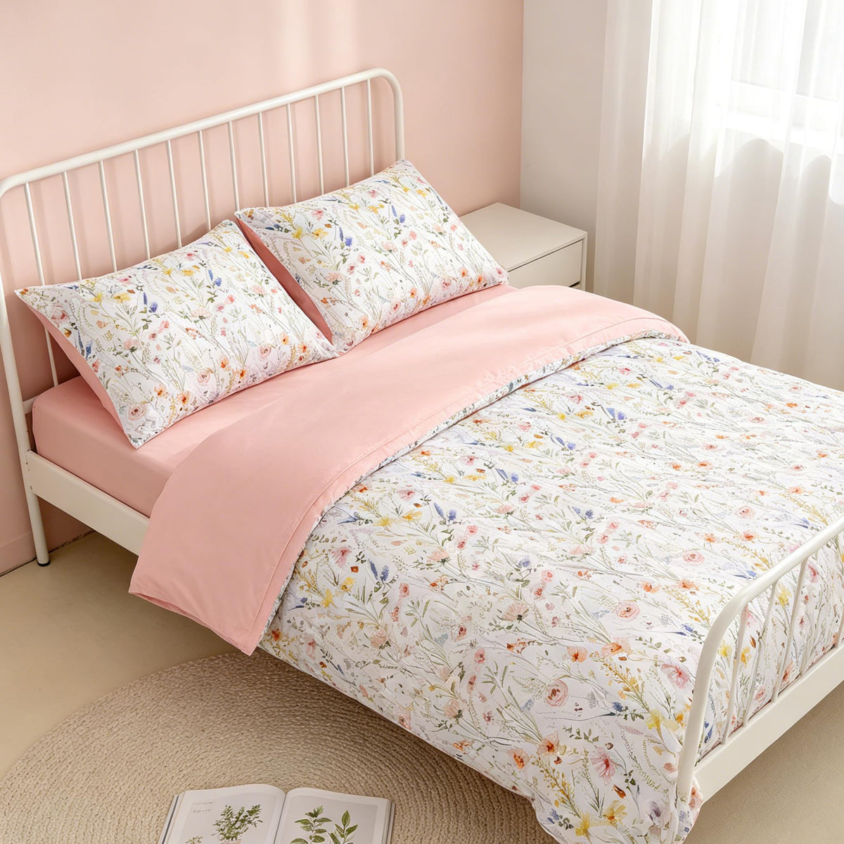 Toddler Bedding Set for Girls 4 Piece Pink Rainbow Toddler Girl Bedding Set Super Soft & Lightweight Toddler Comforter Set Includes Comforter, Flat Sheet, Fitted Sheet, Pillowcase