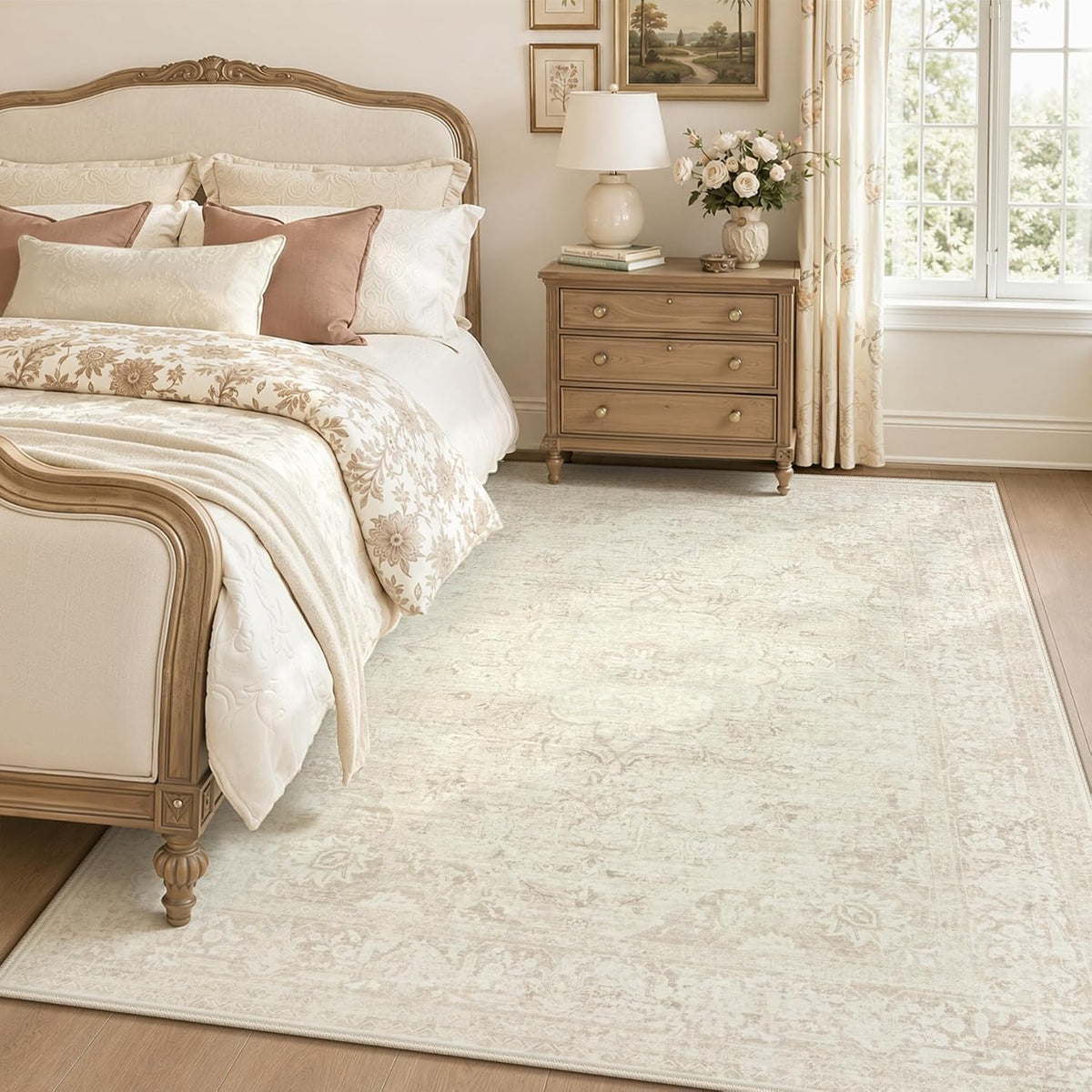 5x7 Area Rugs for Living Room: Washable Boho Vintage Floral Rug Soft Non-Slip Rugs Stain Resistant Low Pile Indoor Carpet for Bedroom Dining Room Nursery Playroom Beige