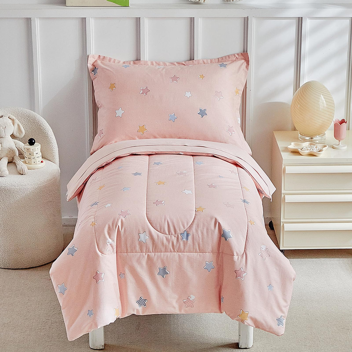 DuShow Floral 4 Piece Girls Toddler Bed Comforter Set Pink Flower Reversible Toddler Bedding Set Soft Baby Crib Bed Sheets Set in a Bag | Include Quilt Comforter,Flat Sheet,Fitted Sheet,Pillowcase