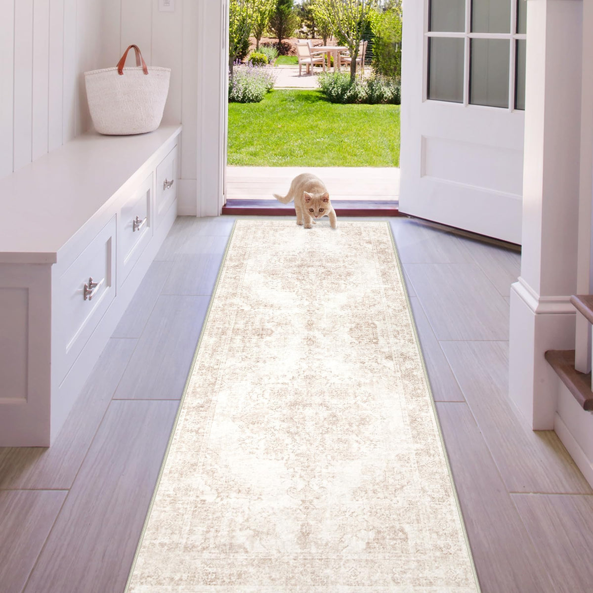Area Rug 5x7 Vintage Rug: Washable Indoor Medallion Rugs Low Pile Distressed Floor Carpet Retro Accent Rug for Living Room Bedroom Kitchen Dining Table Home Office(Beige, 5'x7')