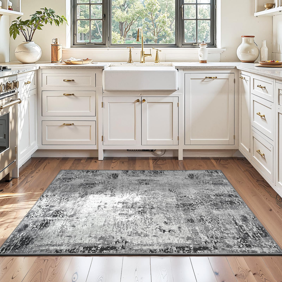 Living Room Rug 5x7 Gray Area Rug Machine Washable Boho Rug Non Slip Abstract Vintage Indoor Large Rugs for Bedroom, Classroom, College Dorm, Farmhouse, Dining Room, Kids Playroom
