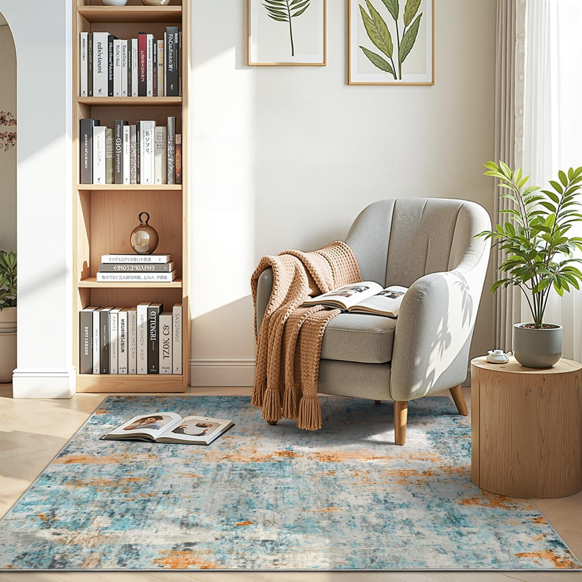 Living Room Rug 5x7 Gray Area Rug Machine Washable Boho Rug Non Slip Abstract Vintage Indoor Large Rugs for Bedroom, Classroom, College Dorm, Farmhouse, Dining Room, Kids Playroom