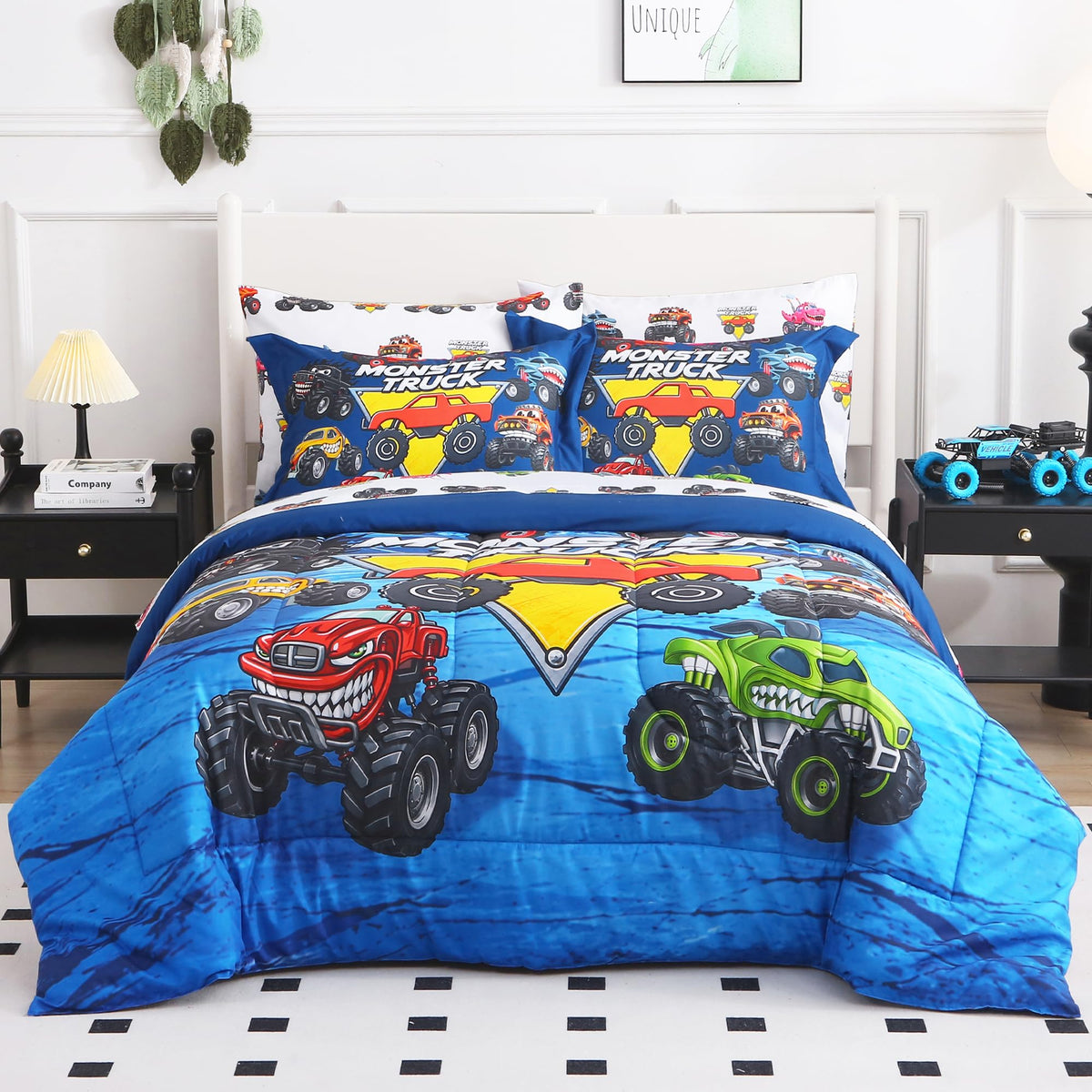 lasoftan Kids' Monster Truck Bedding Set, 7-Piece Soft Fluffy Bed-in-a-Bag with Comforter, Fitted Sheet, Flat Sheet, Pillowcase, Pillow Sham, Deep Pocket 15", All-Season, Monster Jam, Full