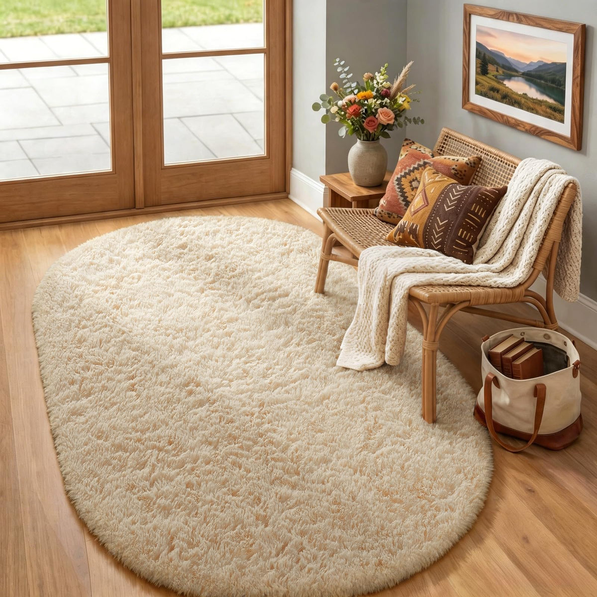 Ophanie Round Rugs 5Ft Ivory Circle Area Rug,Baby Nursery Living Room Bedroom Decor Circular Carpet 5 Foot,Fluffy Fuzzy Shag Plush Cream for Kids Boys Girls Teen with Over 99 pcs Pile fibers