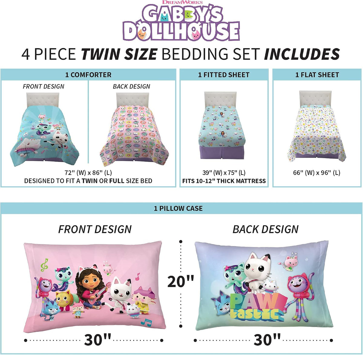 Franco Gabby's Dollhouse Kids Bedding Super Soft Microfiber Comforter and Sheet Set, 4 Piece Twin Size, (Officially Licensed Product)