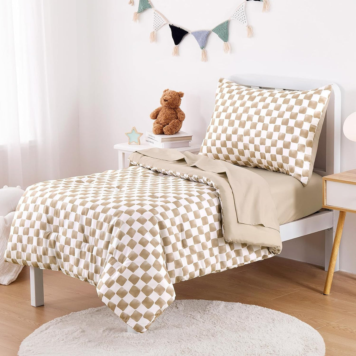 Wake In Cloud - Toddler Bedding Set for Boys Girls, Cute Gingham Grid Checkered, 4 Pieces Soft Crib Bed Set Including Comforter, Sheets and Pillowcase, Brown White