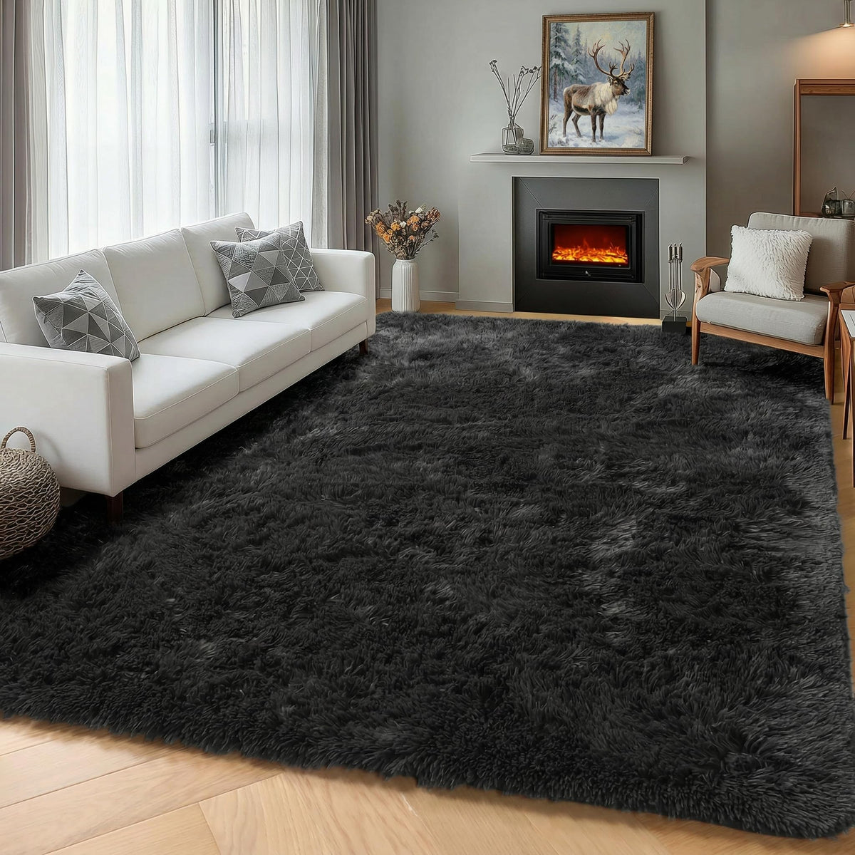 Area Rugs for Bedroom Living Room, 4x6 Fluffy Grey and Black Geometric Rug