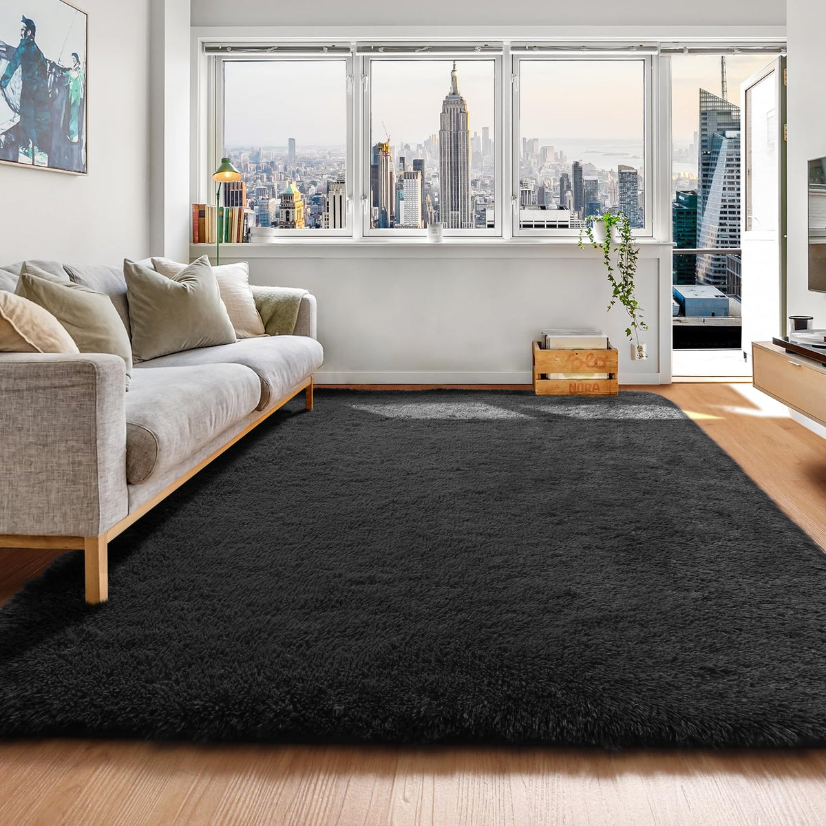 Area Rugs for Bedroom Living Room, 4x6 Fluffy Grey and Black Geometric Rug