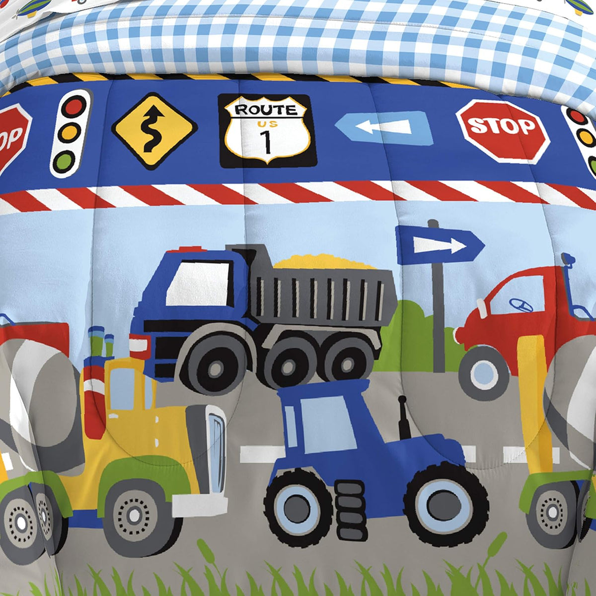 dream FACTORY Trucks Tractors Cars Boys 5-Piece Bedding Kids Construction Comforter Sheet Set, Twin Blue Red Multi