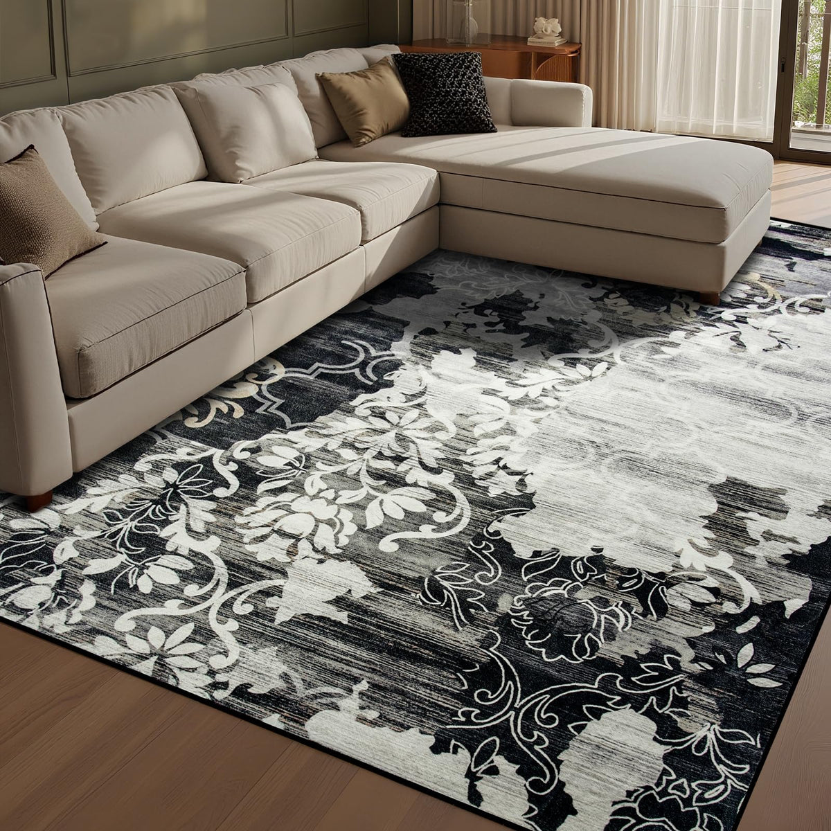 CRYPTOLITE Abstract Area Rug Washable Rug with Non-Slip Backing Low Pile Area Rugs for Living Room,Bedroom,Dining Room,4x6, Gold&Grey