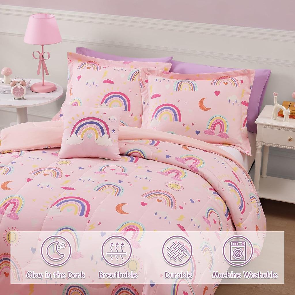 Twin Comforter Set for Girls - 3 Pieces Pink Rainbow Twin Bedding Sets