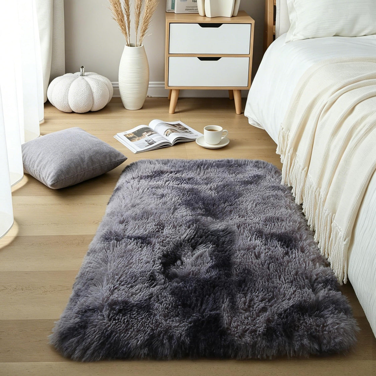4x6 Light Grey Fluffy Shag Rug for Bedroom, Plush Washable Carpet