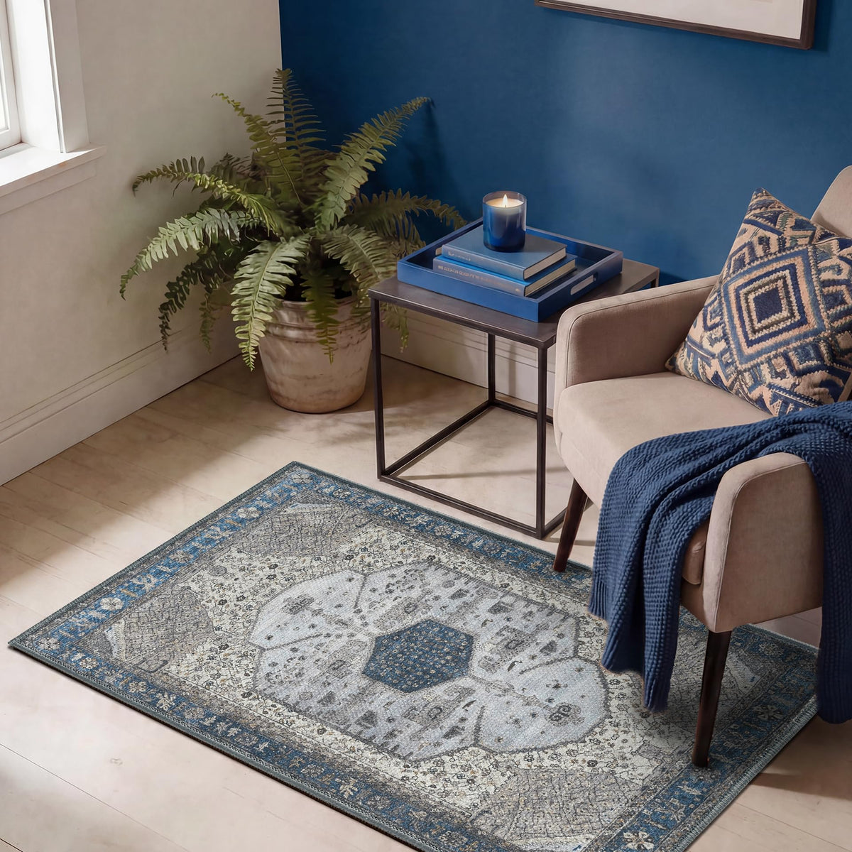 Keen Home Design Vintage Washable Area Rug, Non-Slip Low Pile, 5x7