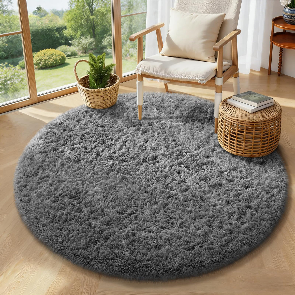 Ophanie Round Rugs 5Ft Ivory Circle Area Rug,Baby Nursery Living Room Bedroom Decor Circular Carpet 5 Foot,Fluffy Fuzzy Shag Plush Cream for Kids Boys Girls Teen with Over 99 pcs Pile fibers
