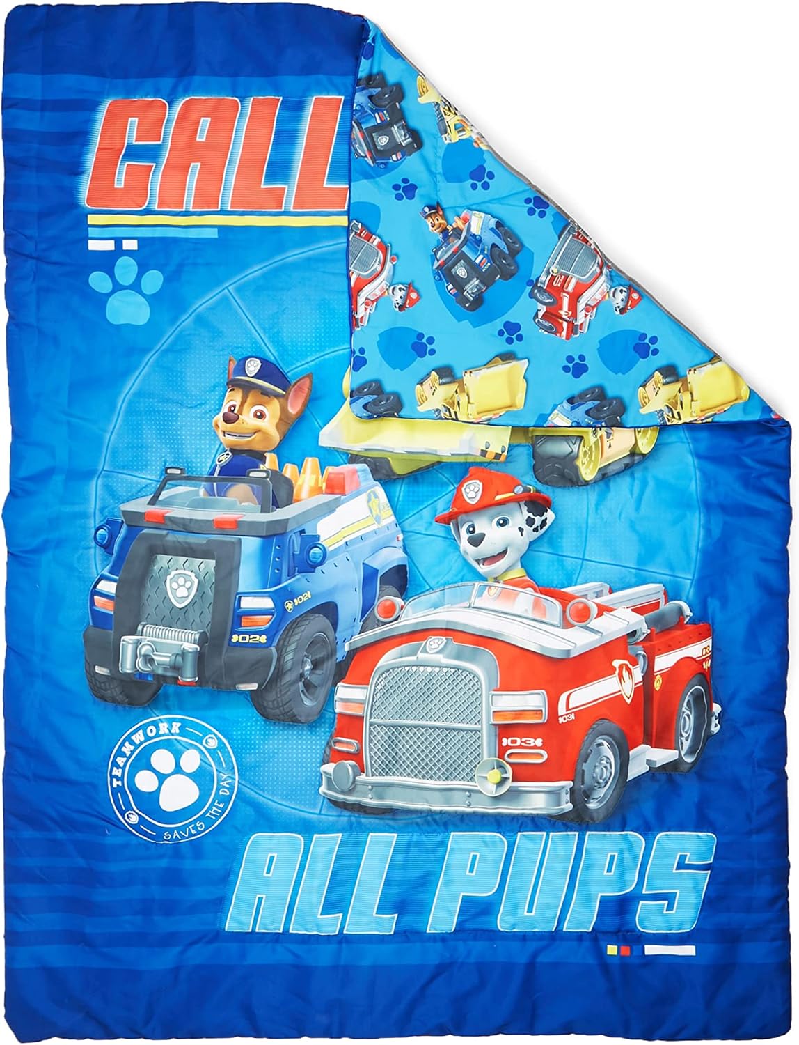 Paw Patrol Calling All Pups 4 Piece Toddler Bedding Set – Includes Comforter, Sheet Set – Fitted + Top Sheet + Reversible Pillowcase for Boys Bed, Blue