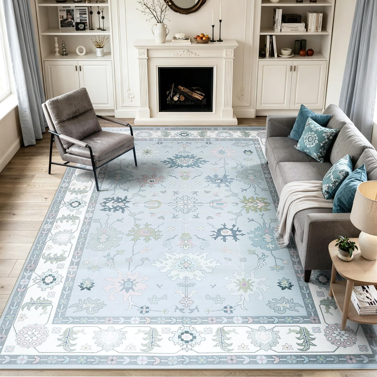 LIVEBOX Washable Oushak Rug Non Slip 8 x 10 Rugs for Living Room, Soft Turkish Rug for Bedroom, Boho Floral Mat Large Indoor Carprt for Kids Nursery, Dining Room, Home Office, Blue
