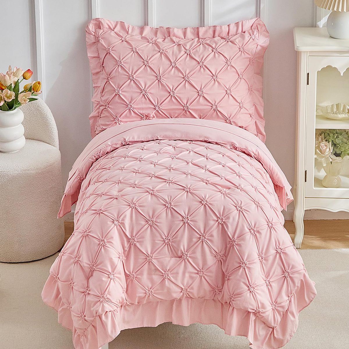 DuShow Floral 4 Piece Girls Toddler Bed Comforter Set Pink Flower Reversible Toddler Bedding Set Soft Baby Crib Bed Sheets Set in a Bag | Include Quilt Comforter,Flat Sheet,Fitted Sheet,Pillowcase