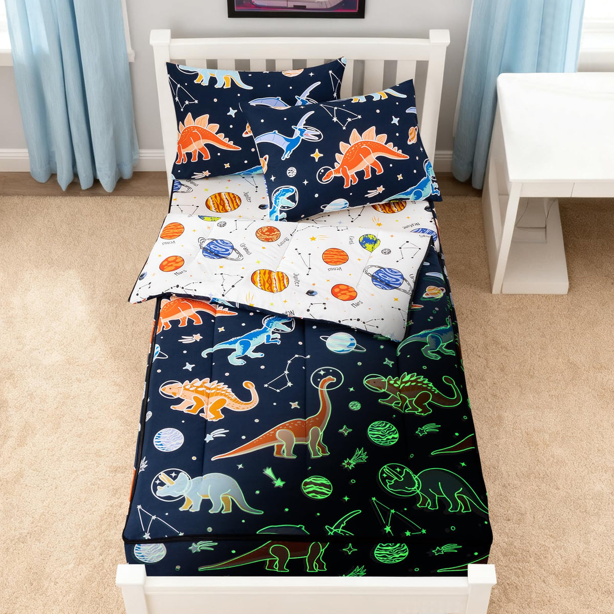 NTBED Unicorn Zipper Bedding Sets Twin for Kids Boys Lightweight Glow in Dark Comforter Set with Fitted Sheet Rainbow Pillow Covers