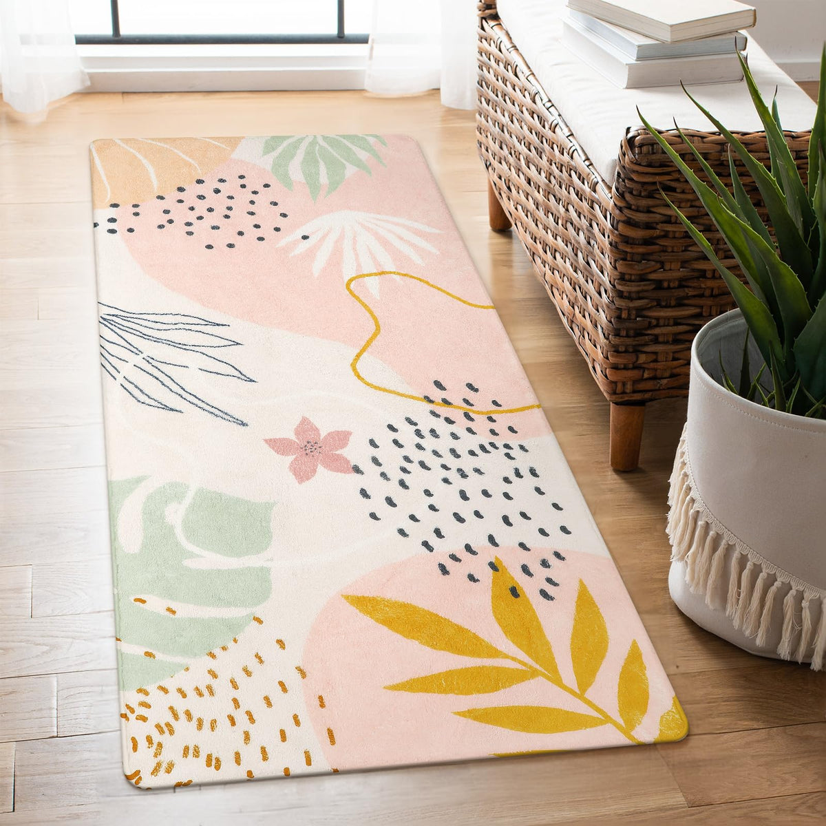 Lahome Pink Boho Nursery Rug 4x6, Washable Non Slip Soft Botanical Area Rug for Girls Bedroom Kids Room Playroom Dorm Apartment Decor