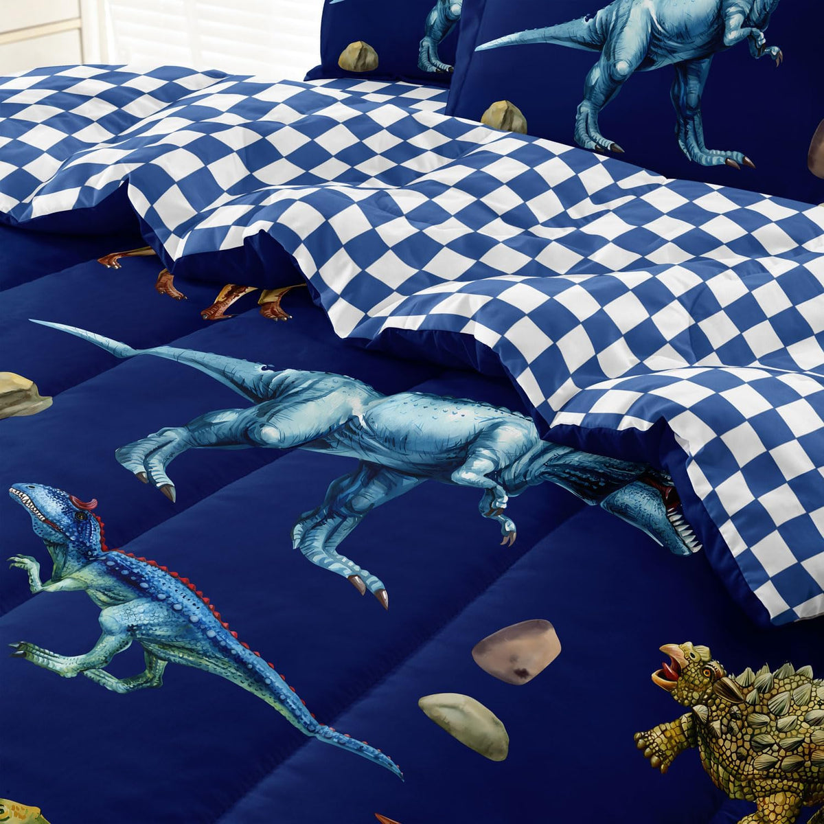 Kid Twin Quilts Comforter Set Dinosaur Bedding Set for Boys, Blue