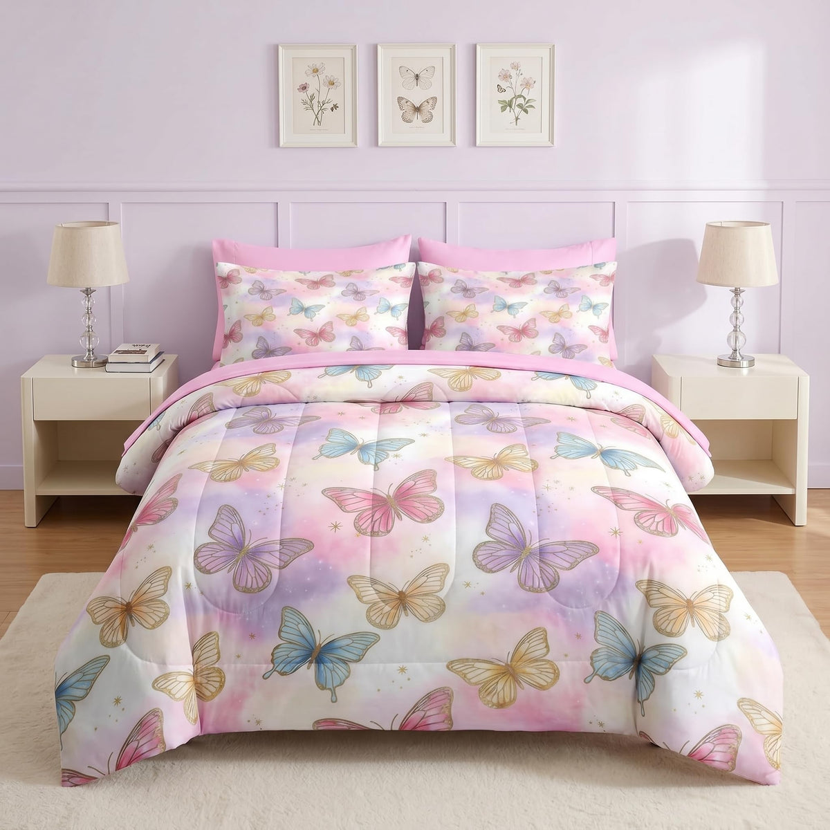 Pamnest Twin Comforter Set for Girls, 5 Pieces Butterfly Bedding Set