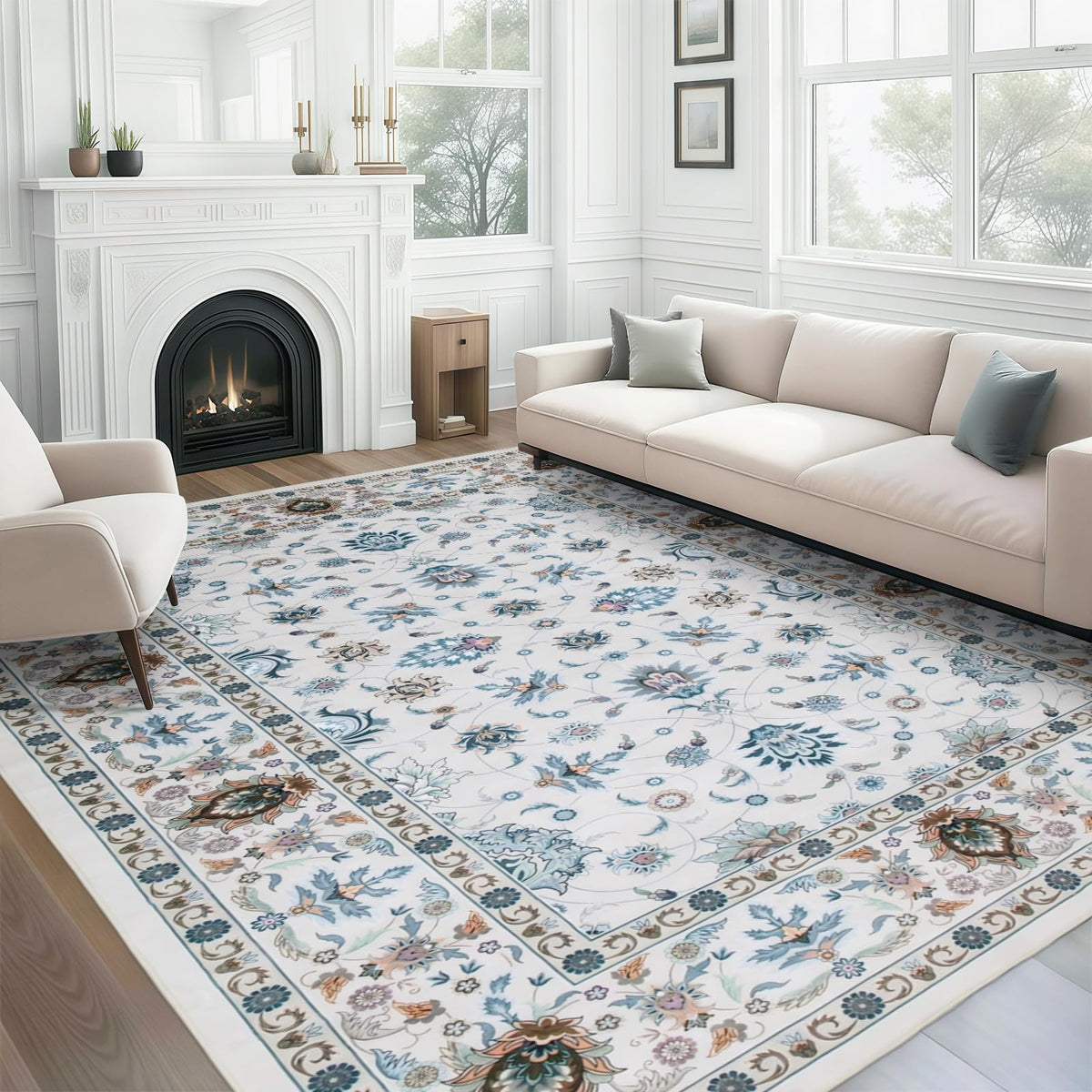 WILLSUN Washable Area Rugs, 5x7 Non-Slip Boho Large Area Rugs for Living Room, Bedroom, Machine Washable Vintage Rug, Indoor Floral Print Carpet for Home Decor, Kid & Pet Friendly Mat