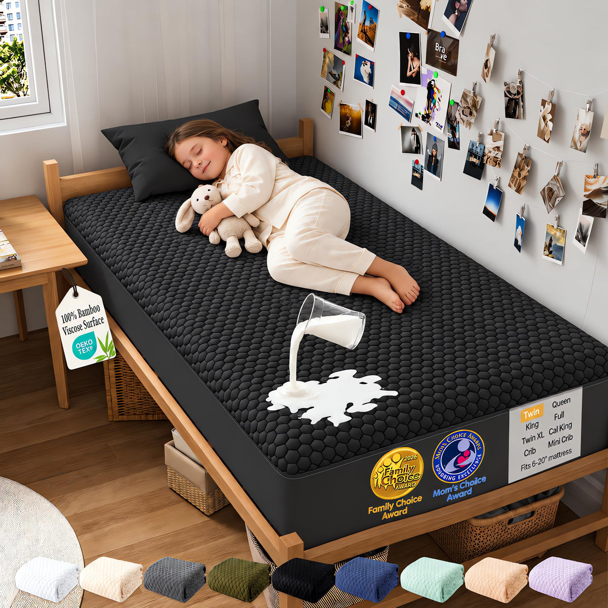 OhGeni Waterproof Mattress Protector,Twin Size Soft Bamboo Viscose Top Layer Pad,3D-Air Fabric Cooling Breathable Fitted Sheets, Washable Bed Cover for Kids Toddler Bedwetting Over 99 Count Hex Bumps