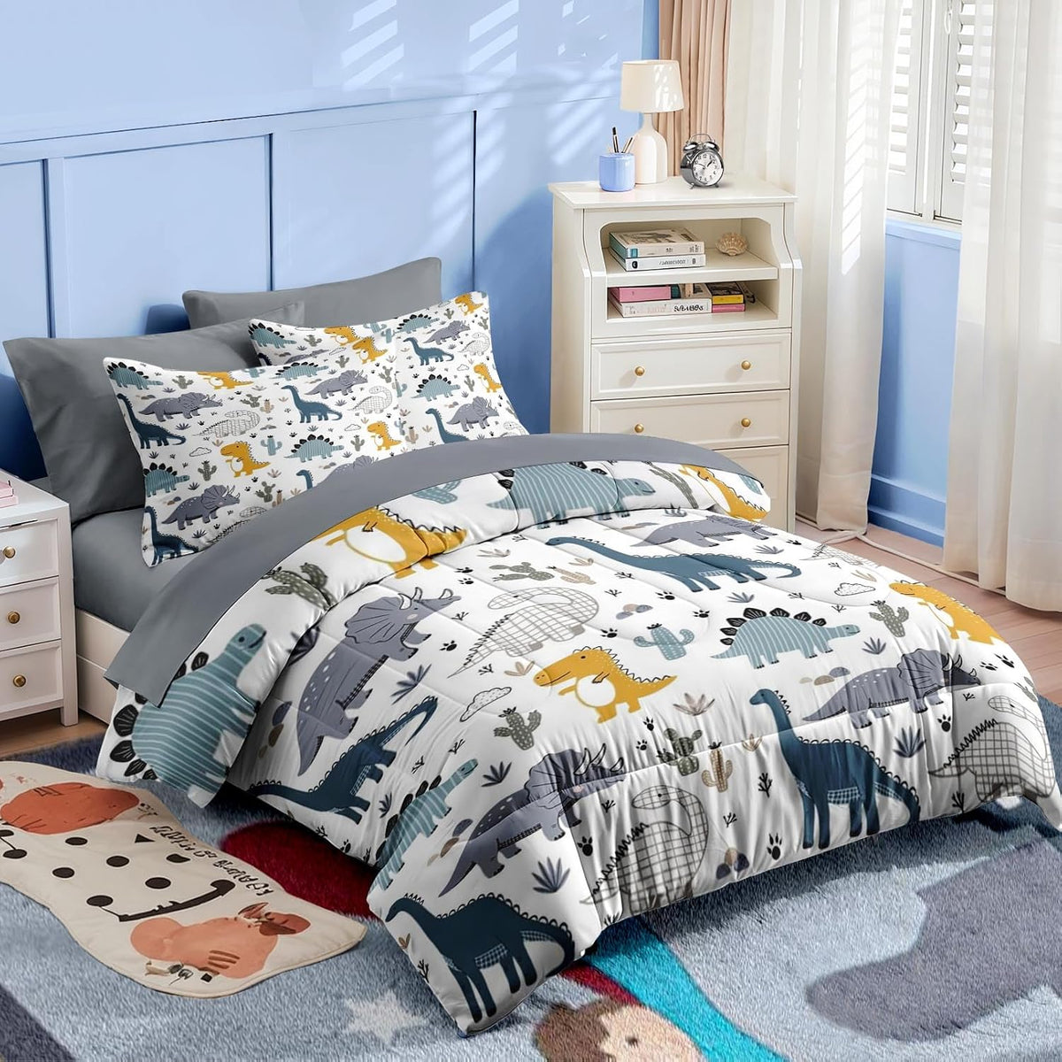Nesker Twin Comforter Set for Boys, 5 Pieces Dinosaur Bedding for Kids