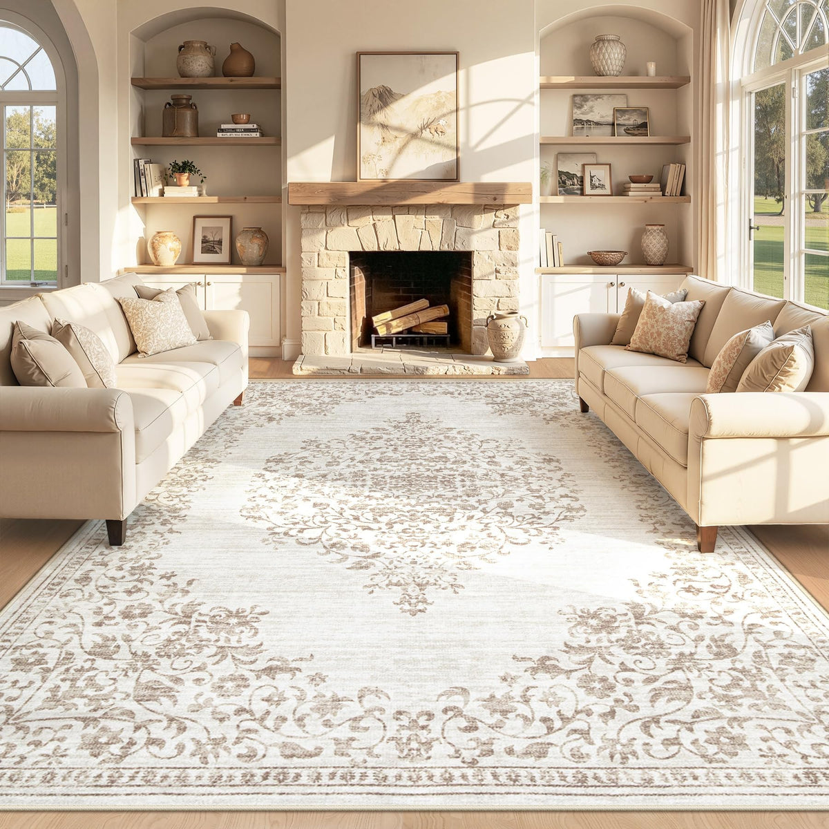 Area Rug 5x7 Vintage Rug: Washable Indoor Medallion Rugs Low Pile Distressed Floor Carpet Retro Accent Rug for Living Room Bedroom Kitchen Dining Table Home Office(Beige, 5'x7')